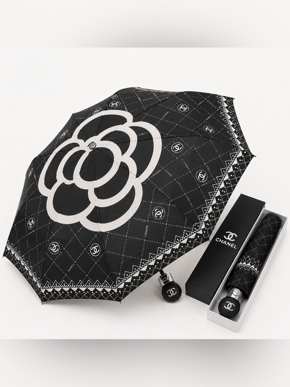 ☂️Black & White Camellia Logo Folding Umbrella with Box 🌂